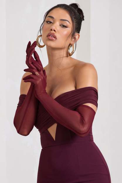 Check Please Burgundy Sheer Long-Sleeved Gloves-Babyboo Dress Store. All Rights Reserved.