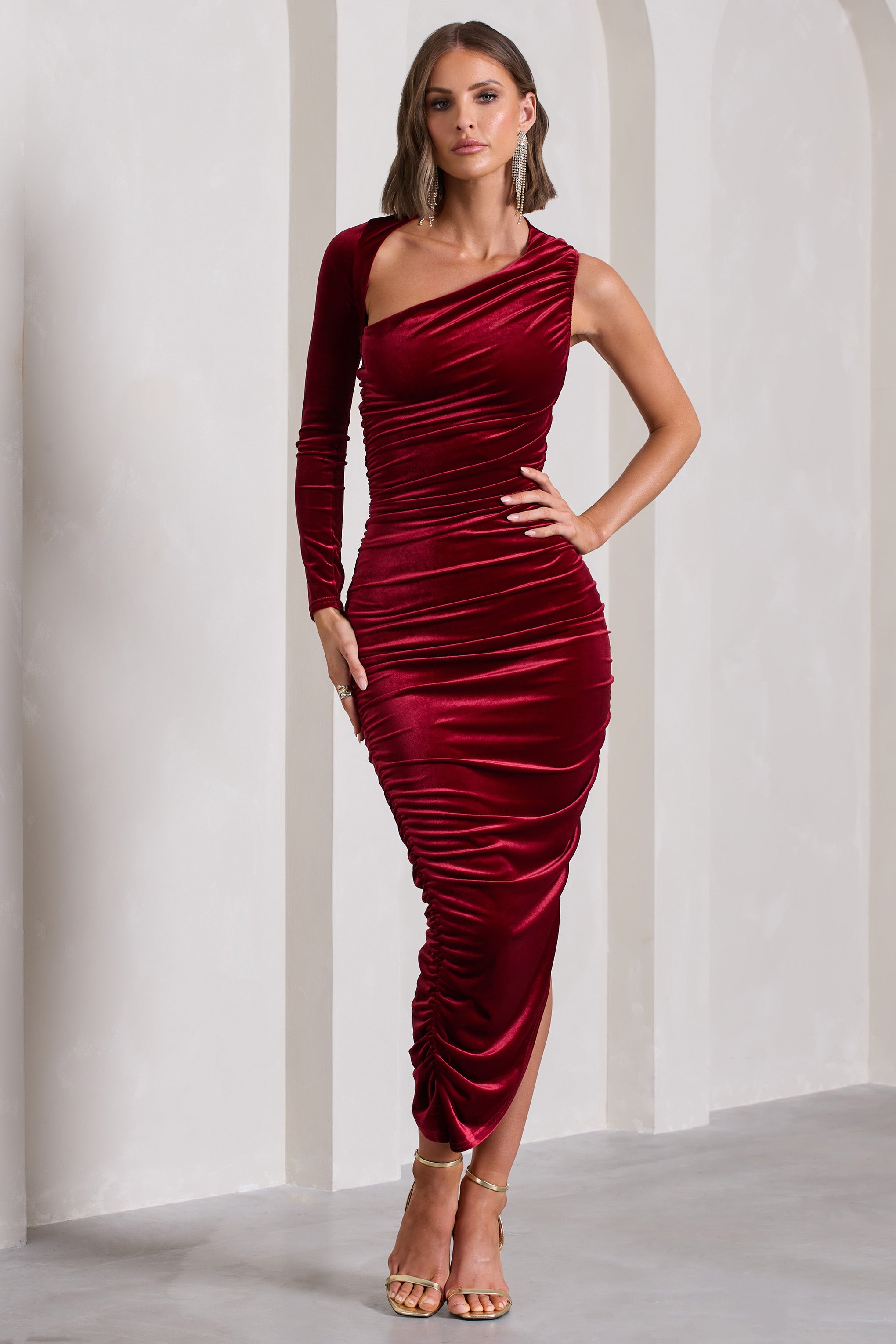 Northern Light Berry Velvet Asymmetric One-Sleeved Midi Dress-Babyboo Dress Store. All Rights Reserved.