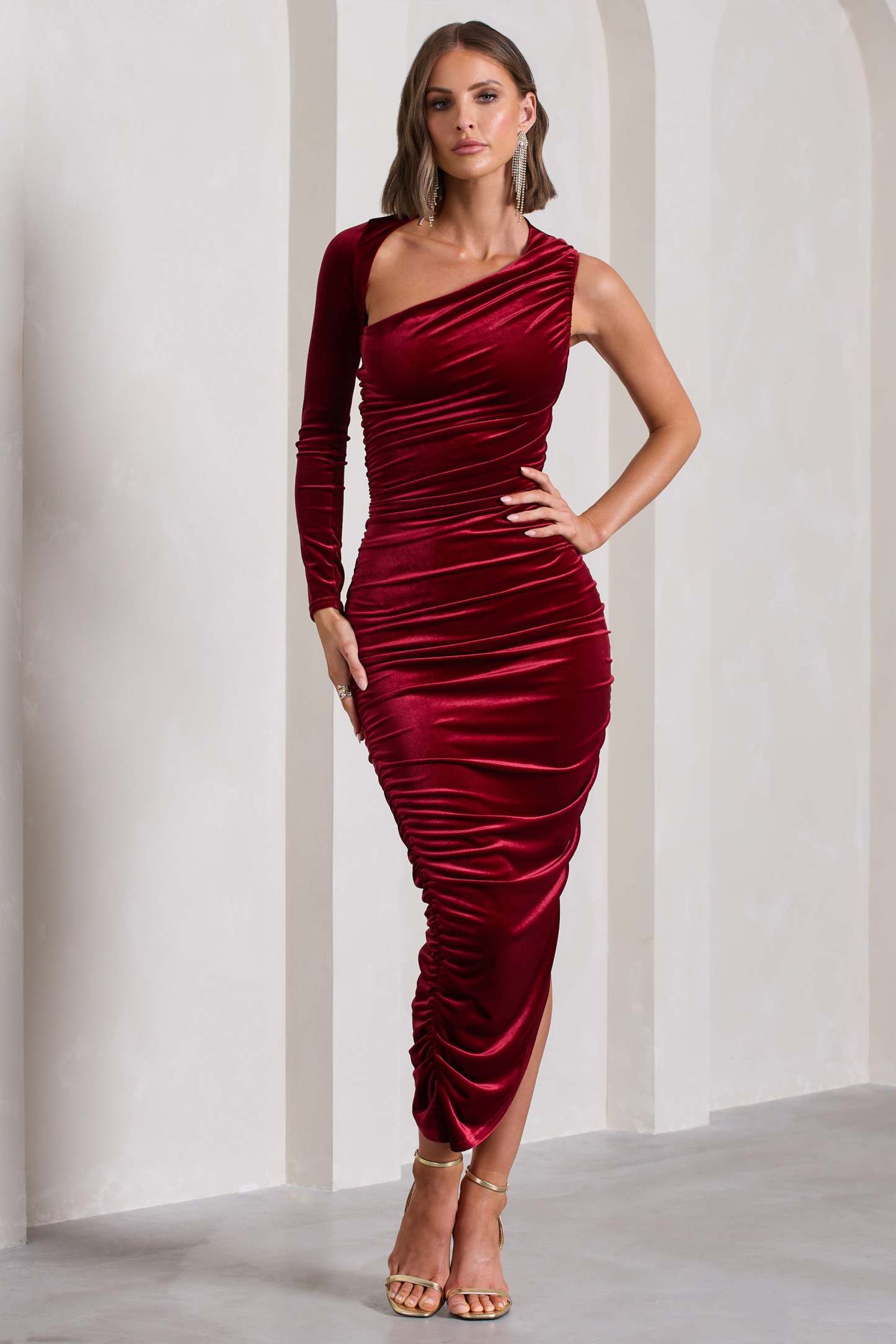 Northern Light Berry Velvet Asymmetric One-Sleeved Midi Dress-Babyboo Dress Store. All Rights Reserved.