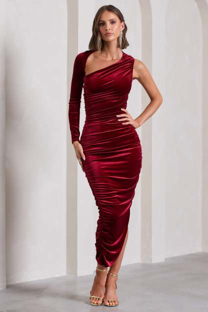 Northern Light Berry Velvet Asymmetric One-Sleeved Midi Dress-Babyboo Dress Store. All Rights Reserved.