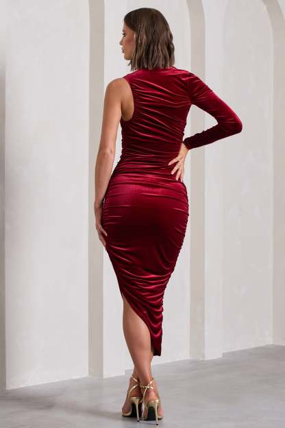 Northern Light Berry Velvet Asymmetric One-Sleeved Midi Dress-Babyboo Dress Store. All Rights Reserved.