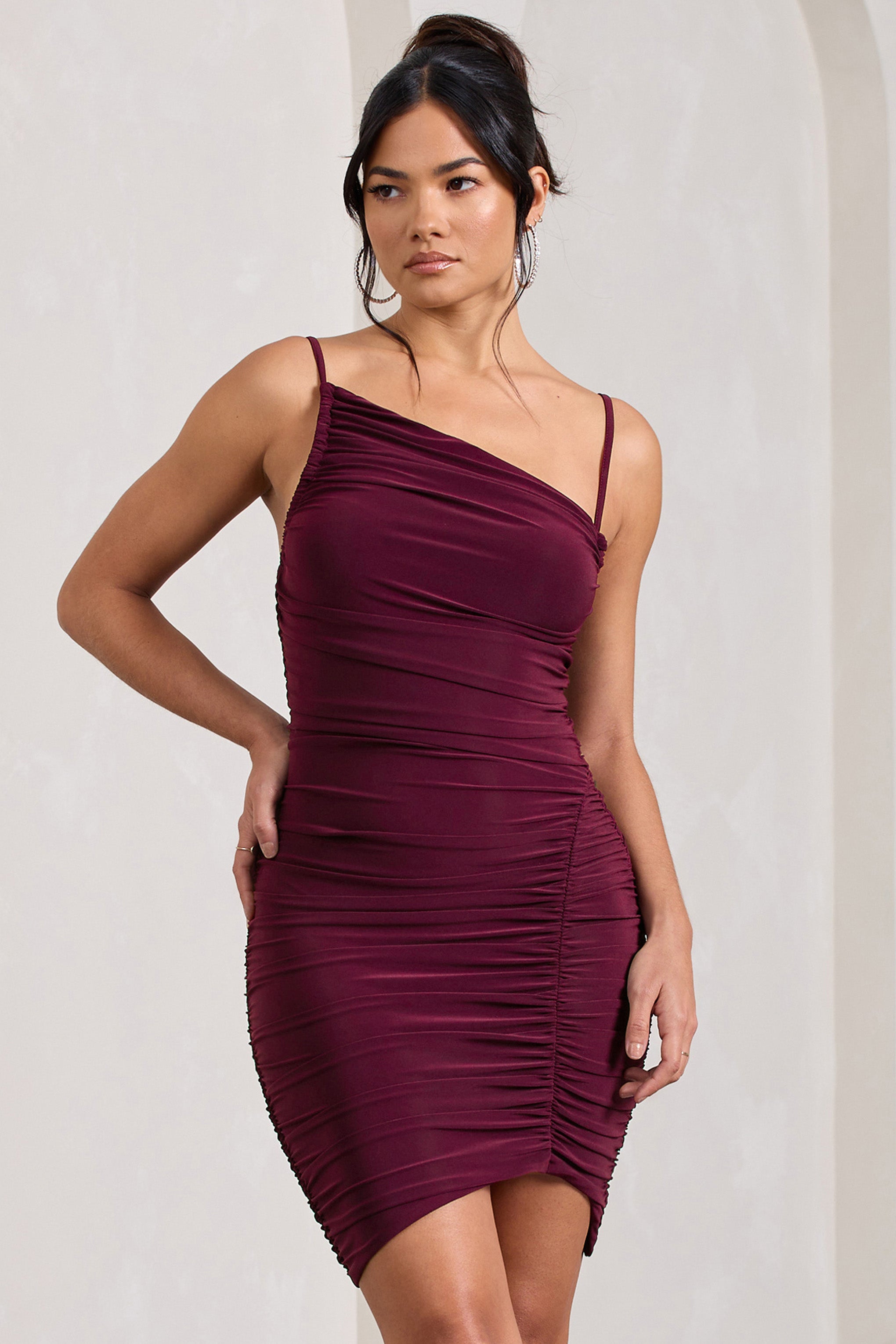 Brightest Burgundy Ruched Strappy Asymmetric Bodycon Mini Dress-Babyboo Dress Store. All Rights Reserved.