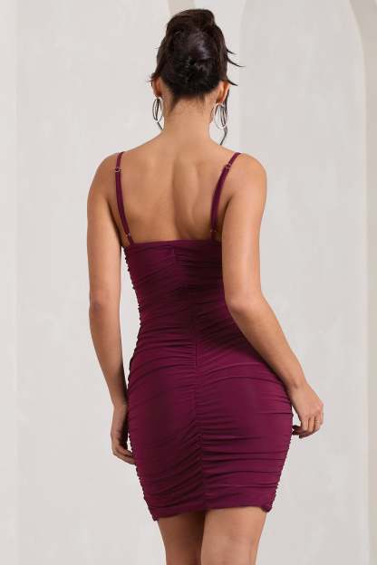 Brightest Burgundy Ruched Strappy Asymmetric Bodycon Mini Dress-Babyboo Dress Store. All Rights Reserved.