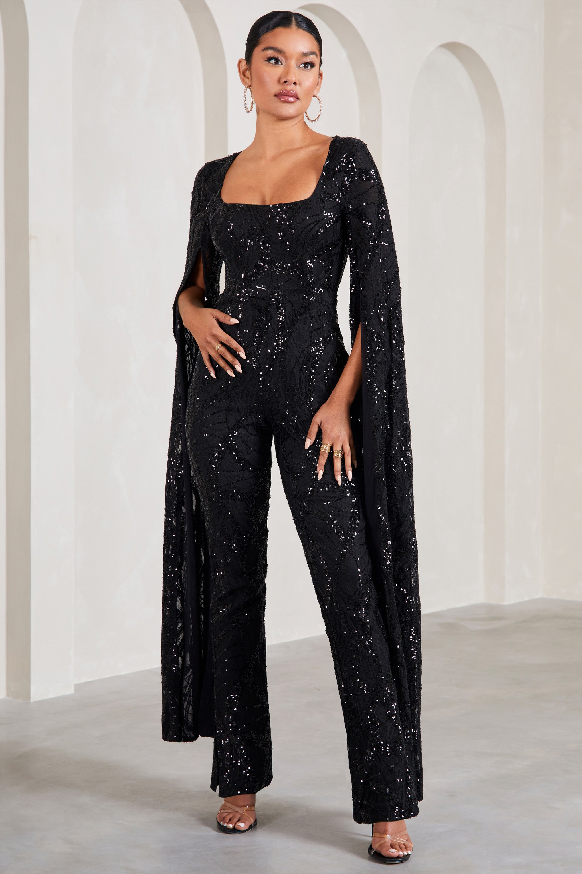 Cher Black Sequin Lace Square-Neck Jumpsuit With Cape Sleeves-Babyboo Dress Store. All Rights Reserved.