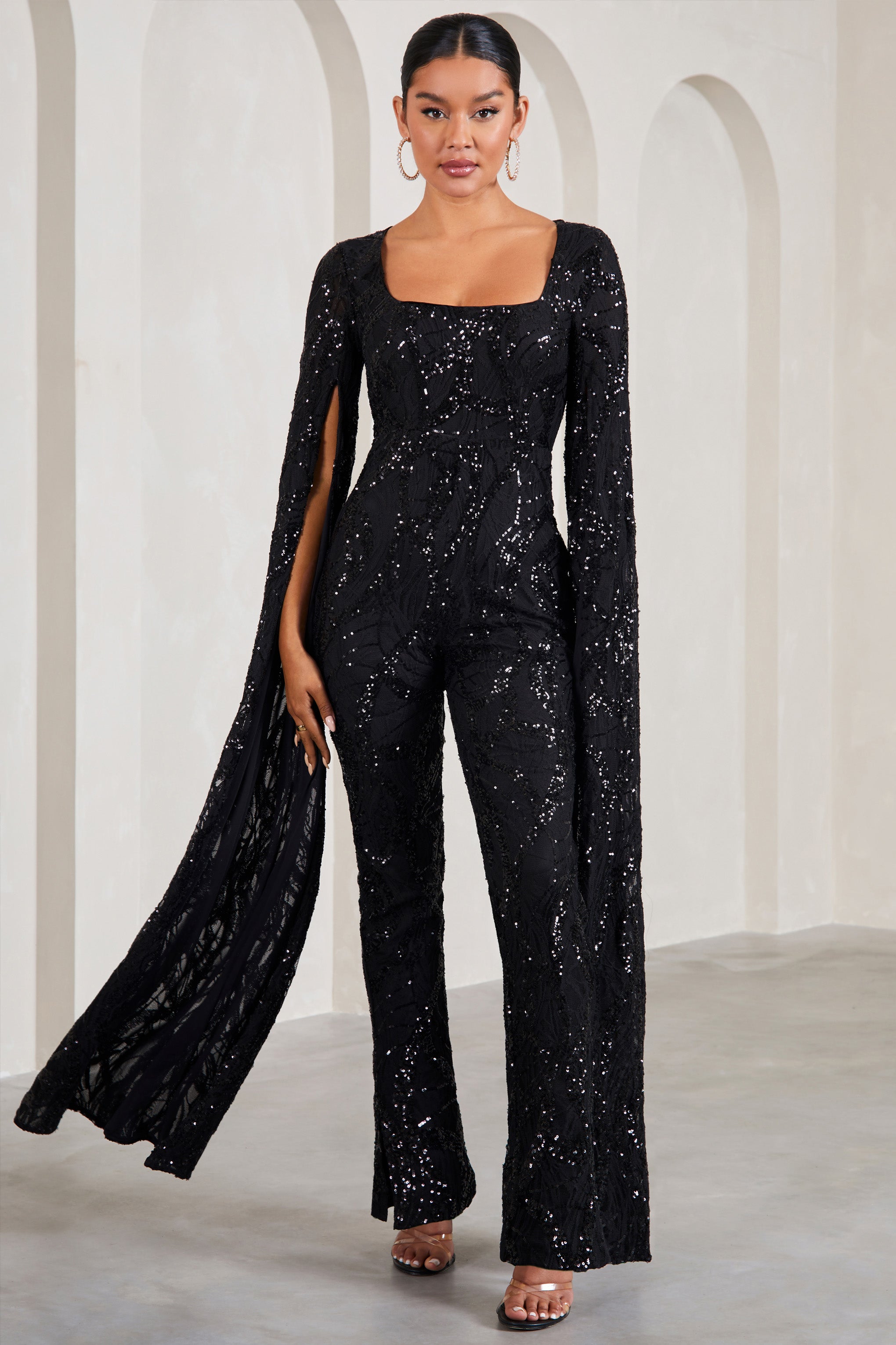 Cher Black Sequin Lace Square-Neck Jumpsuit With Cape Sleeves-Babyboo Dress Store. All Rights Reserved.