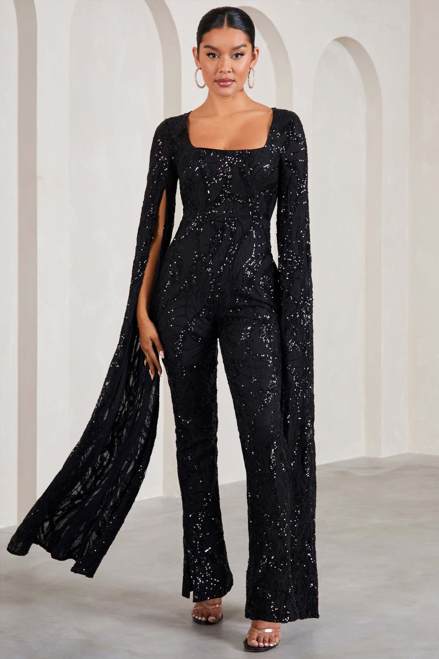 Cher Black Sequin Lace Square-Neck Jumpsuit With Cape Sleeves-Babyboo Dress Store. All Rights Reserved.