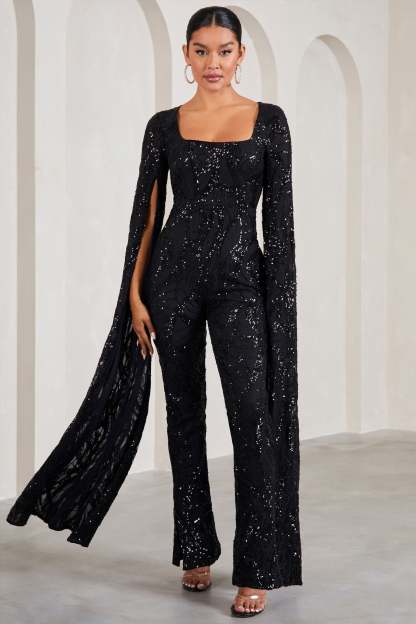 Cher Black Sequin Lace Square-Neck Jumpsuit With Cape Sleeves-Babyboo Dress Store. All Rights Reserved.