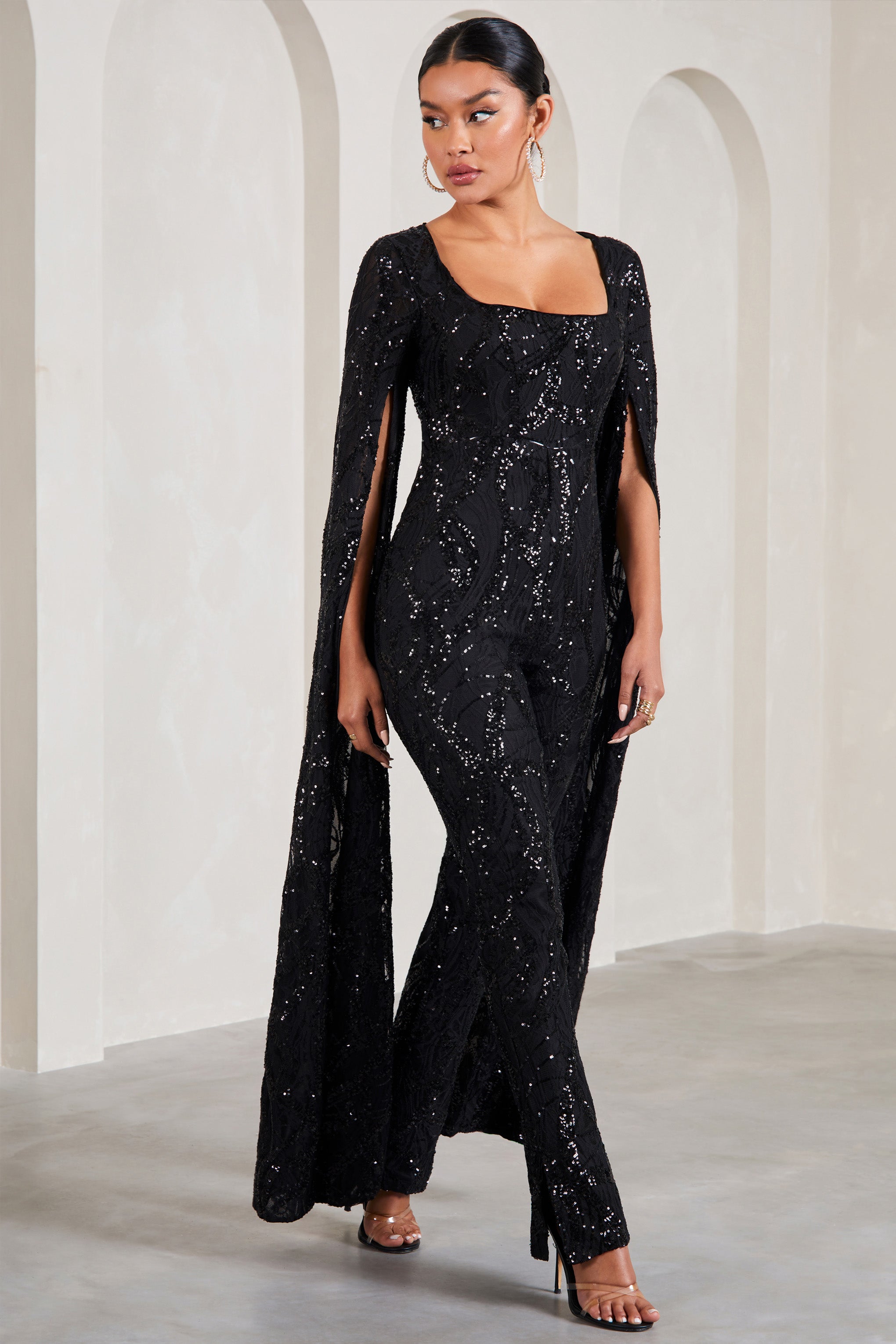 Cher Black Sequin Lace Square-Neck Jumpsuit With Cape Sleeves-Babyboo Dress Store. All Rights Reserved.