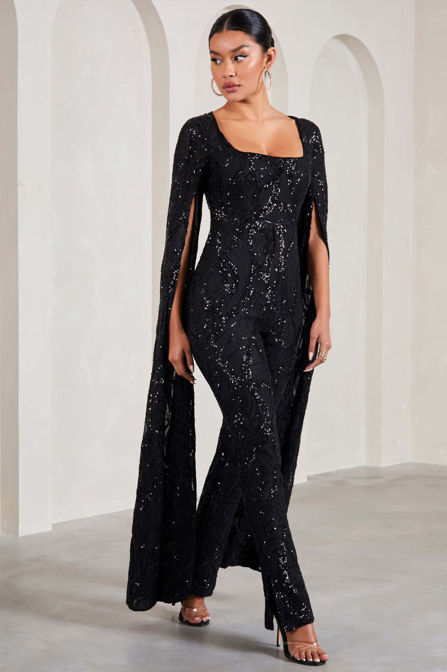 Cher Black Sequin Lace Square-Neck Jumpsuit With Cape Sleeves-Babyboo Dress Store. All Rights Reserved.