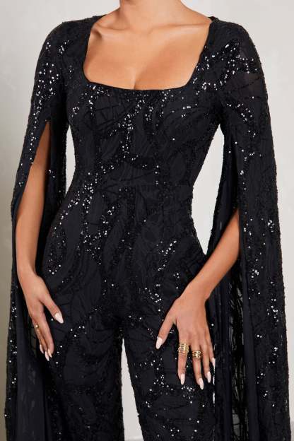 Cher Black Sequin Lace Square-Neck Jumpsuit With Cape Sleeves-Babyboo Dress Store. All Rights Reserved.