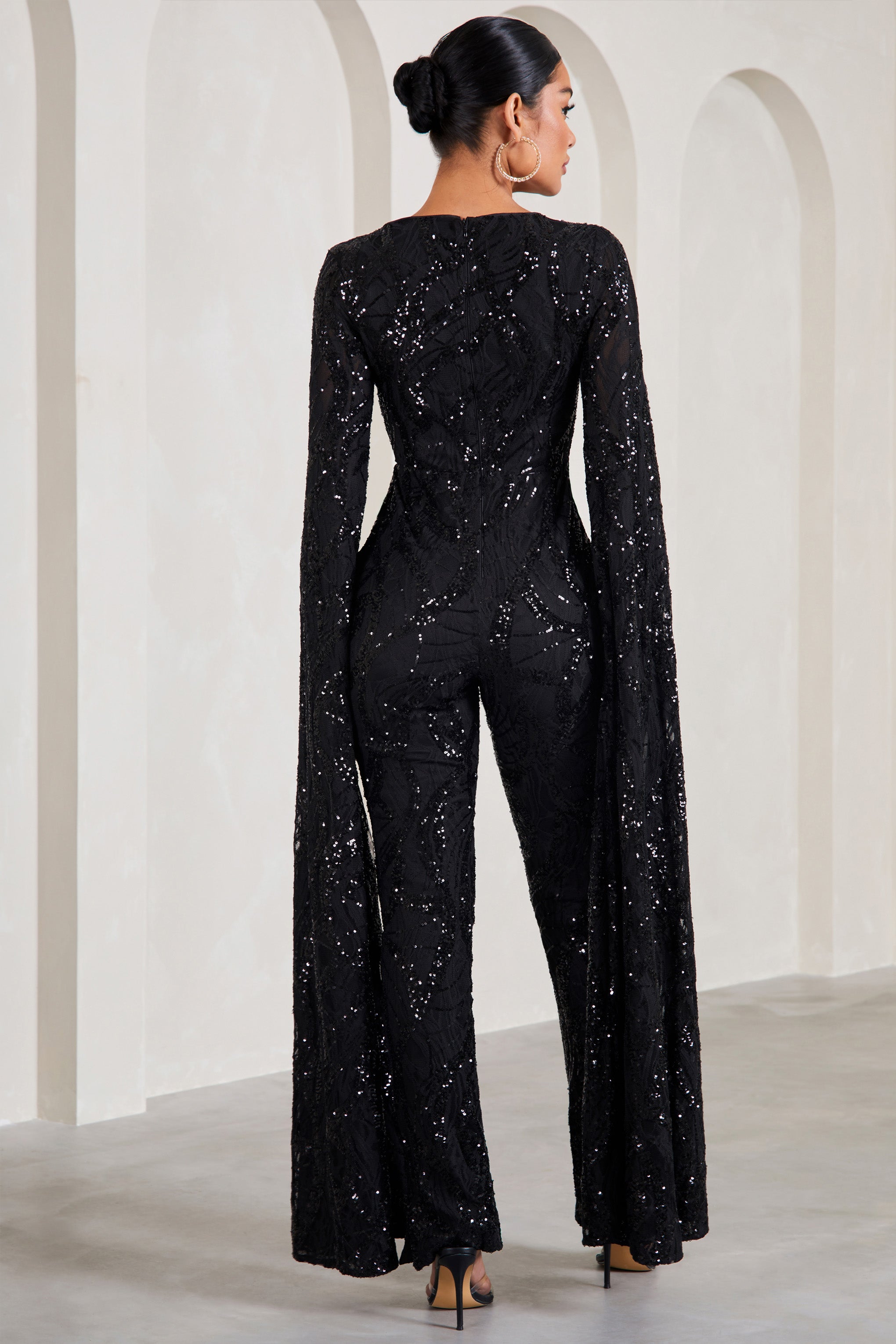 Cher Black Sequin Lace Square-Neck Jumpsuit With Cape Sleeves-Babyboo Dress Store. All Rights Reserved.