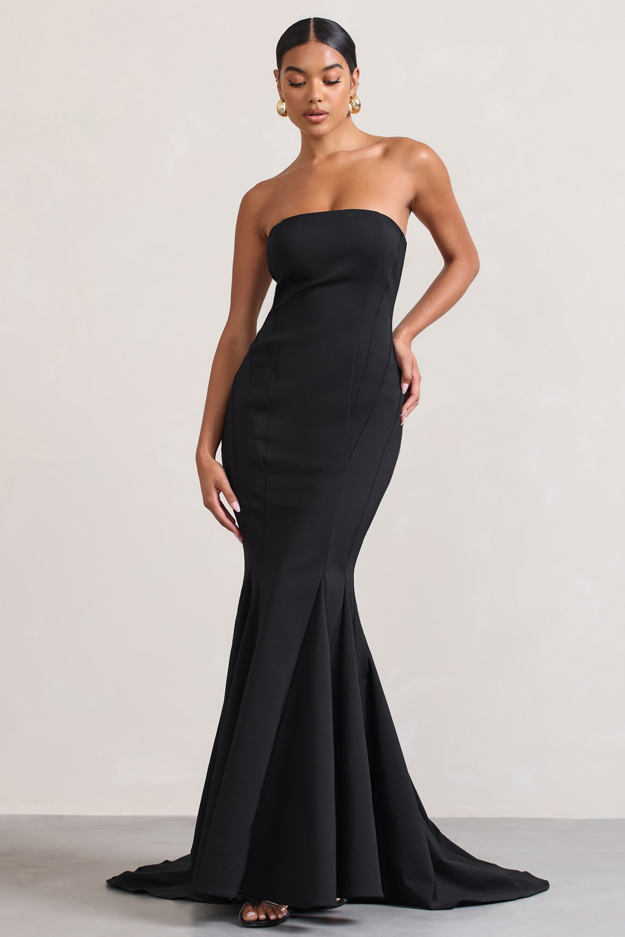 Adored Black Strapless Structured Fishtail Maxi Dress