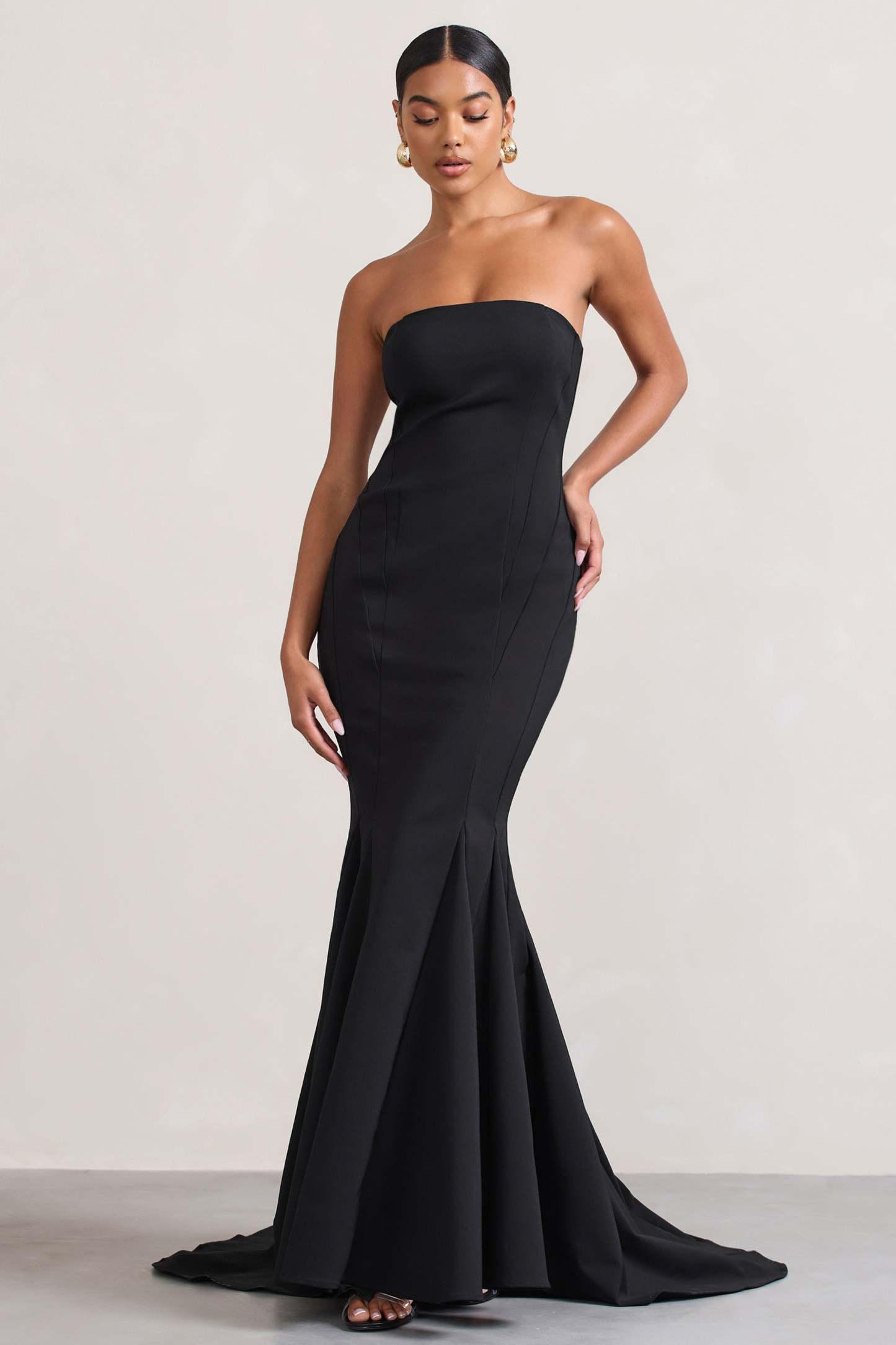 Adored Black Strapless Structured Fishtail Maxi Dress