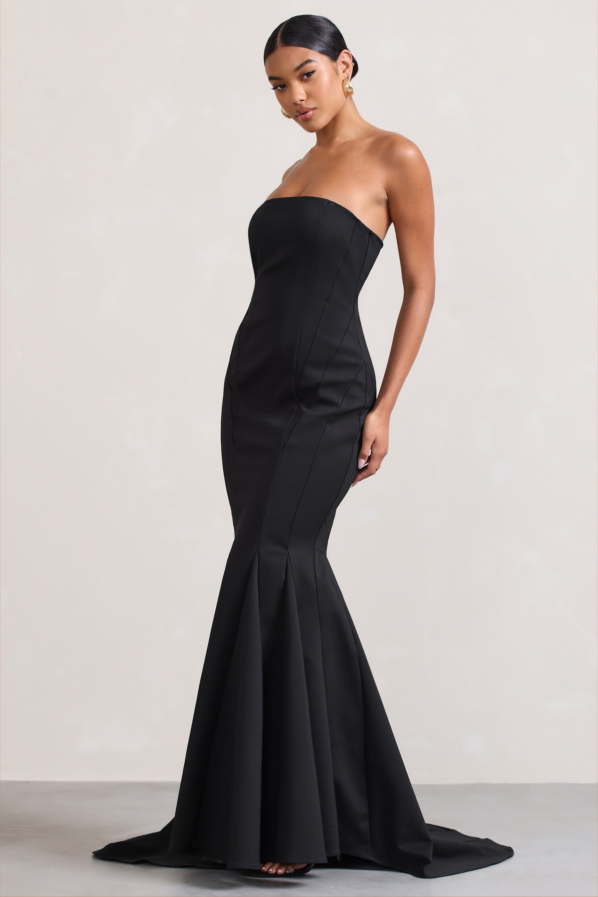 Adored Black Strapless Structured Fishtail Maxi Dress
