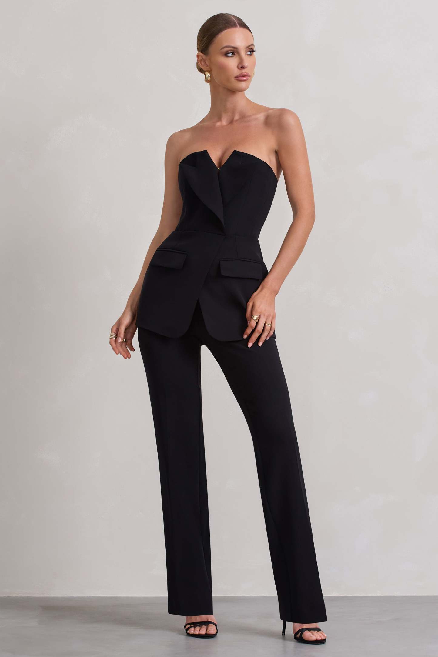 Money Moves Black Strapless Blazer-Inspired Straight-Leg Jumpsuit-Babyboo Dress Store. All Rights Reserved.