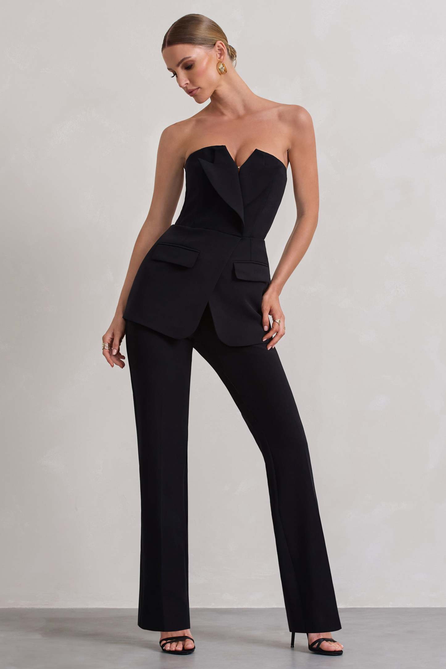 Money Moves Black Strapless Blazer-Inspired Straight-Leg Jumpsuit-Babyboo Dress Store. All Rights Reserved.