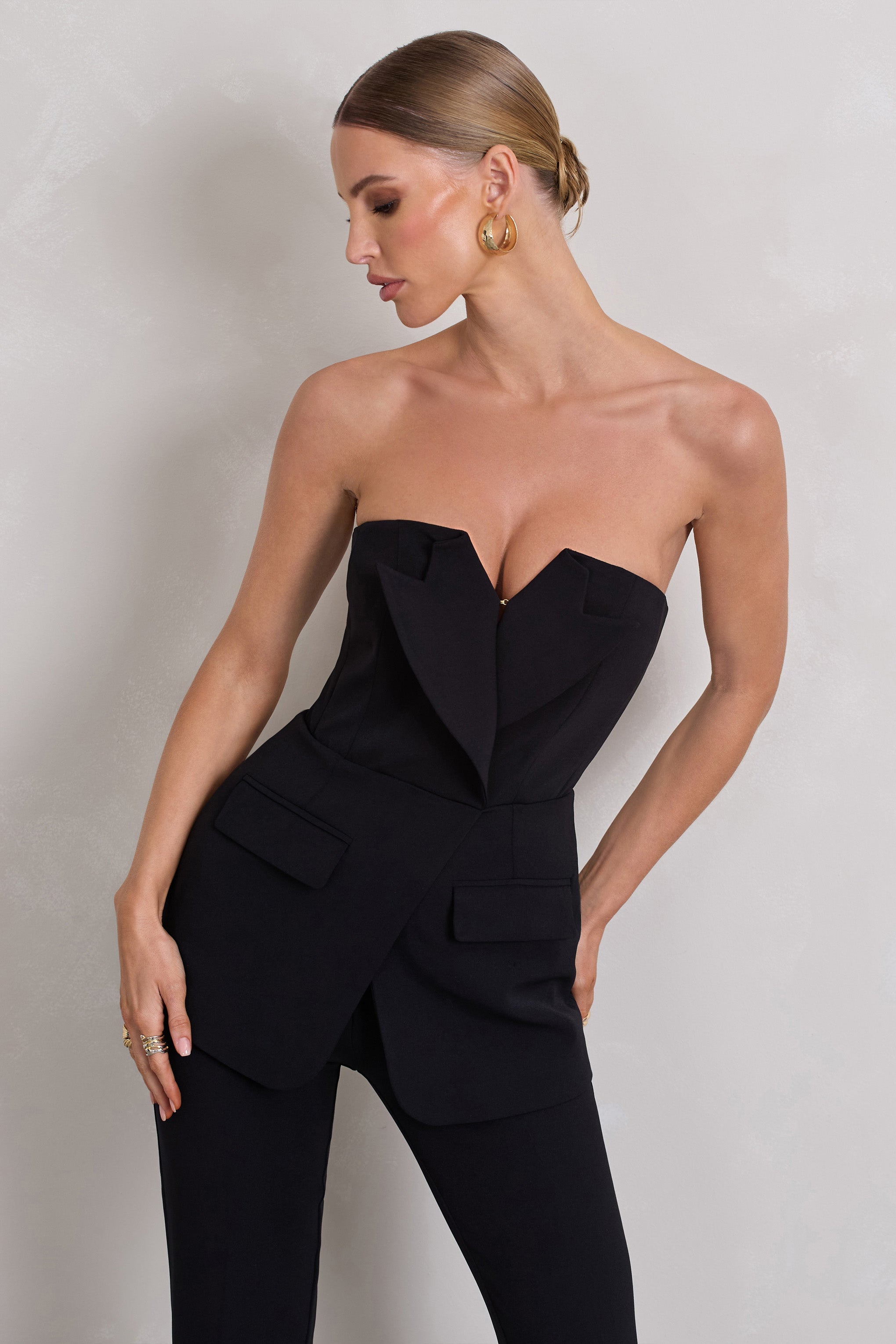 Money Moves Black Strapless Blazer-Inspired Straight-Leg Jumpsuit-Babyboo Dress Store. All Rights Reserved.