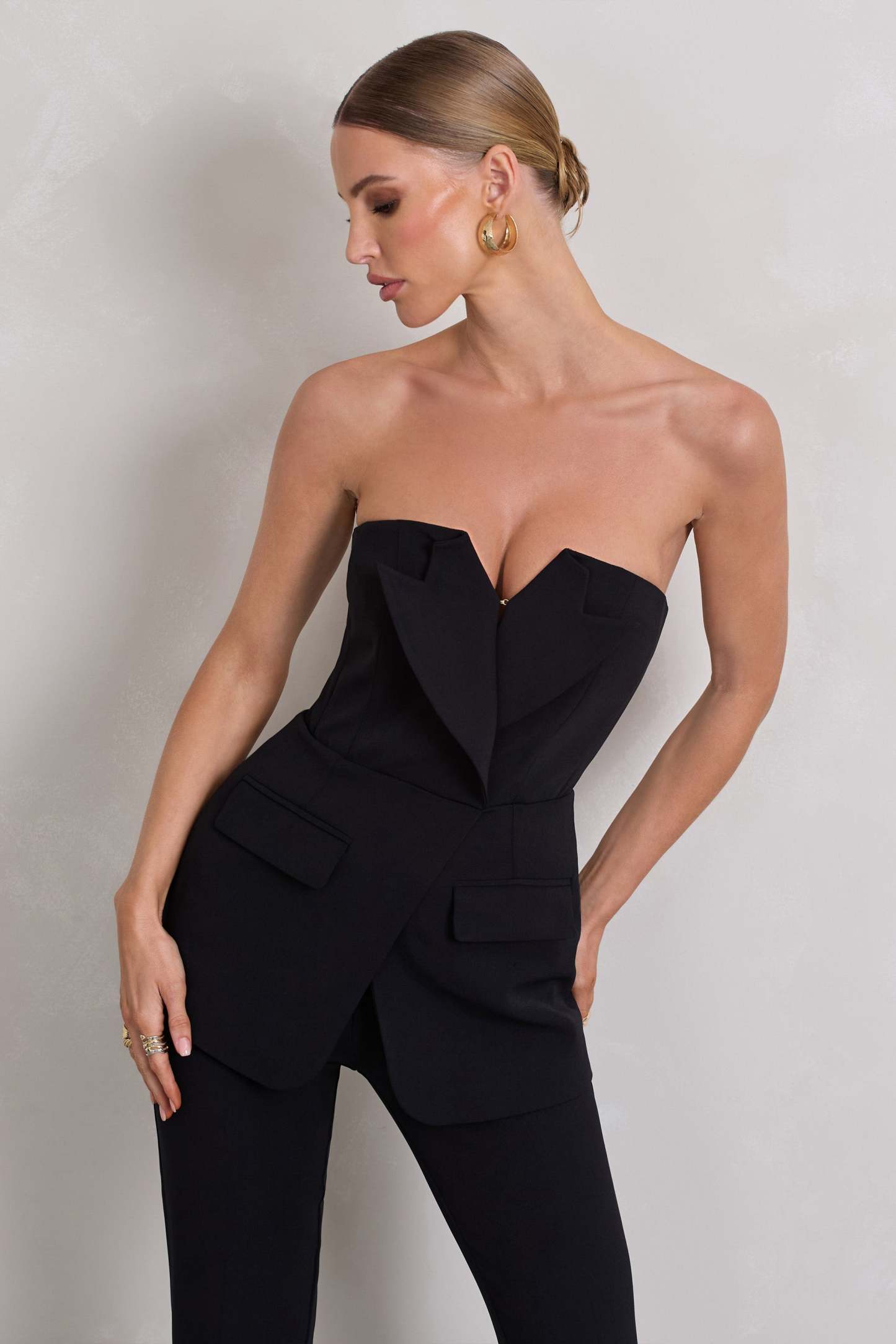 Money Moves Black Strapless Blazer-Inspired Straight-Leg Jumpsuit-Babyboo Dress Store. All Rights Reserved.