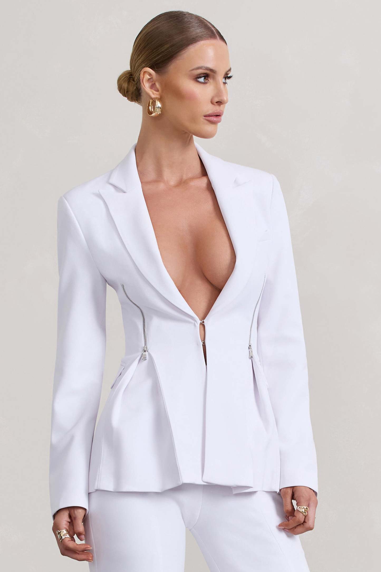 Candid  White Fitted Blazer Jacket With Zip Details-Babyboo Dress Store. All Rights Reserved.
