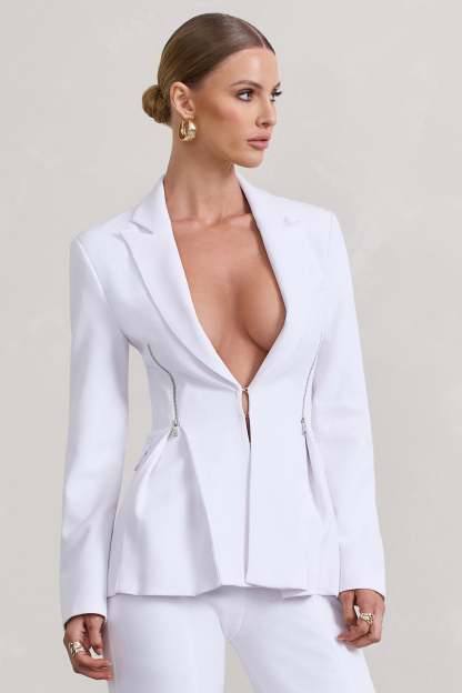 Candid  White Fitted Blazer Jacket With Zip Details-Babyboo Dress Store. All Rights Reserved.