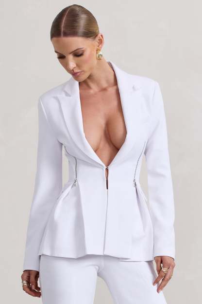 Candid  White Fitted Blazer Jacket With Zip Details-Babyboo Dress Store. All Rights Reserved.