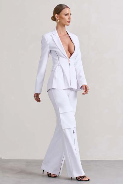 Candid  White Fitted Blazer Jacket With Zip Details-Babyboo Dress Store. All Rights Reserved.