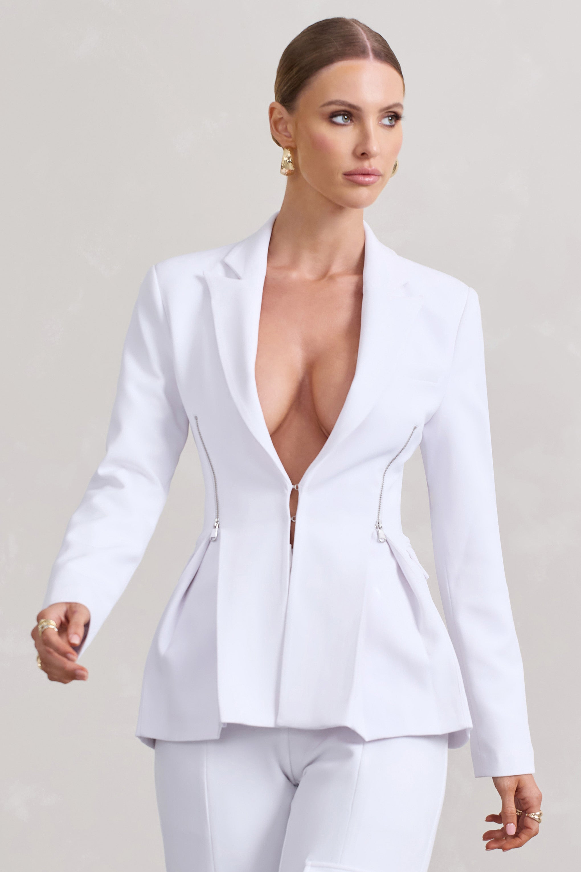 Candid  White Fitted Blazer Jacket With Zip Details-Babyboo Dress Store. All Rights Reserved.