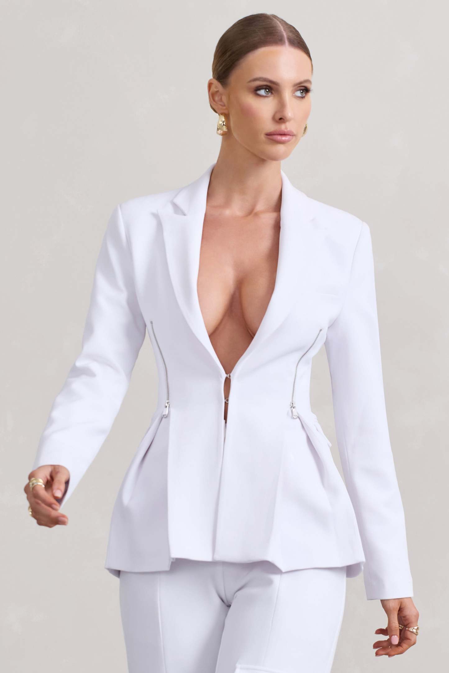 Candid  White Fitted Blazer Jacket With Zip Details-Babyboo Dress Store. All Rights Reserved.