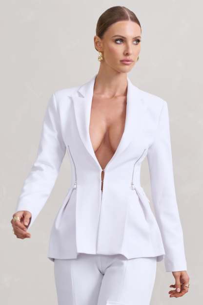 Candid  White Fitted Blazer Jacket With Zip Details-Babyboo Dress Store. All Rights Reserved.