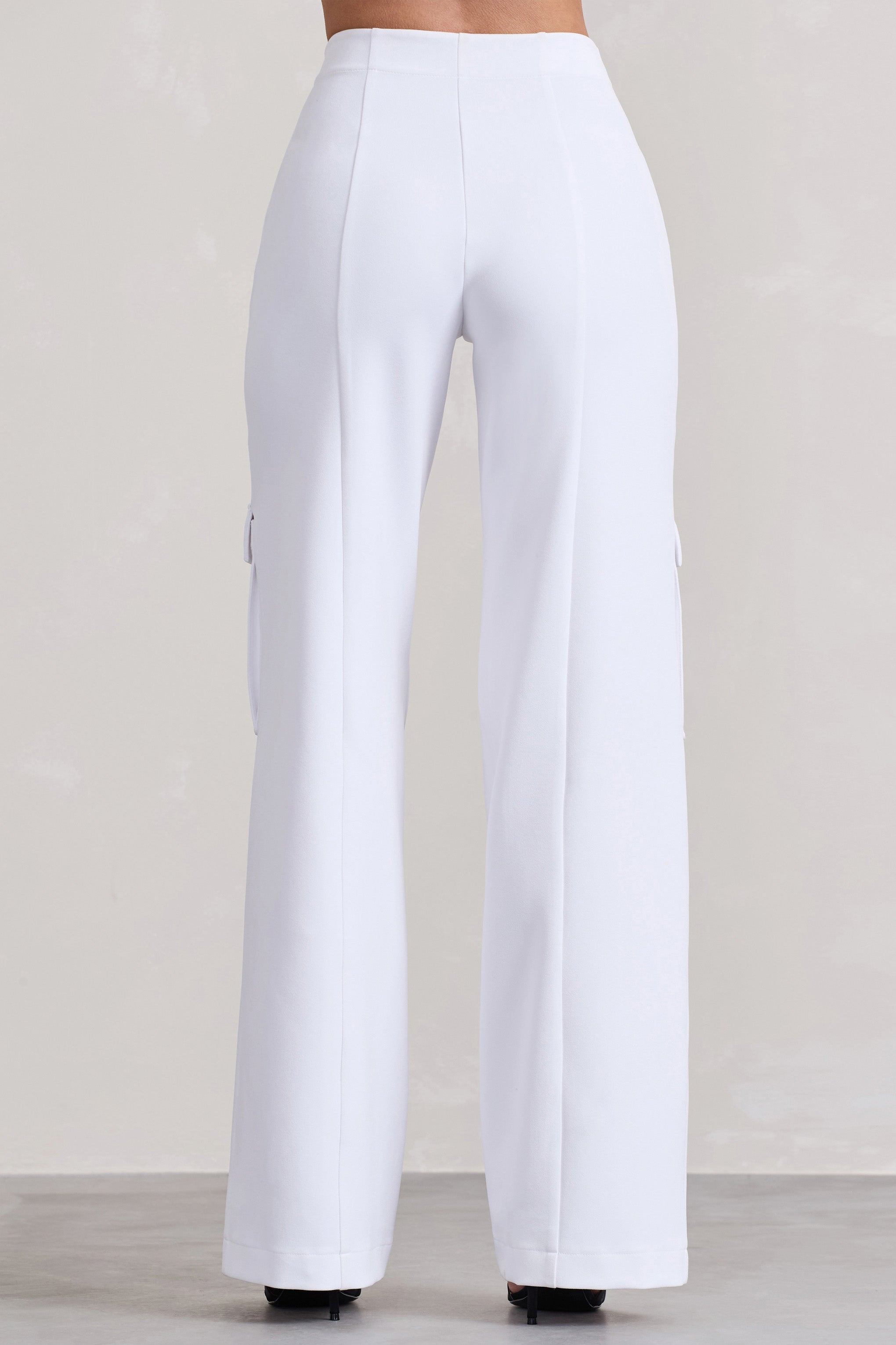 Close Up White Wide-Leg Cargo Trousers With Ankle Zips-Babyboo Dress Store. All Rights Reserved.