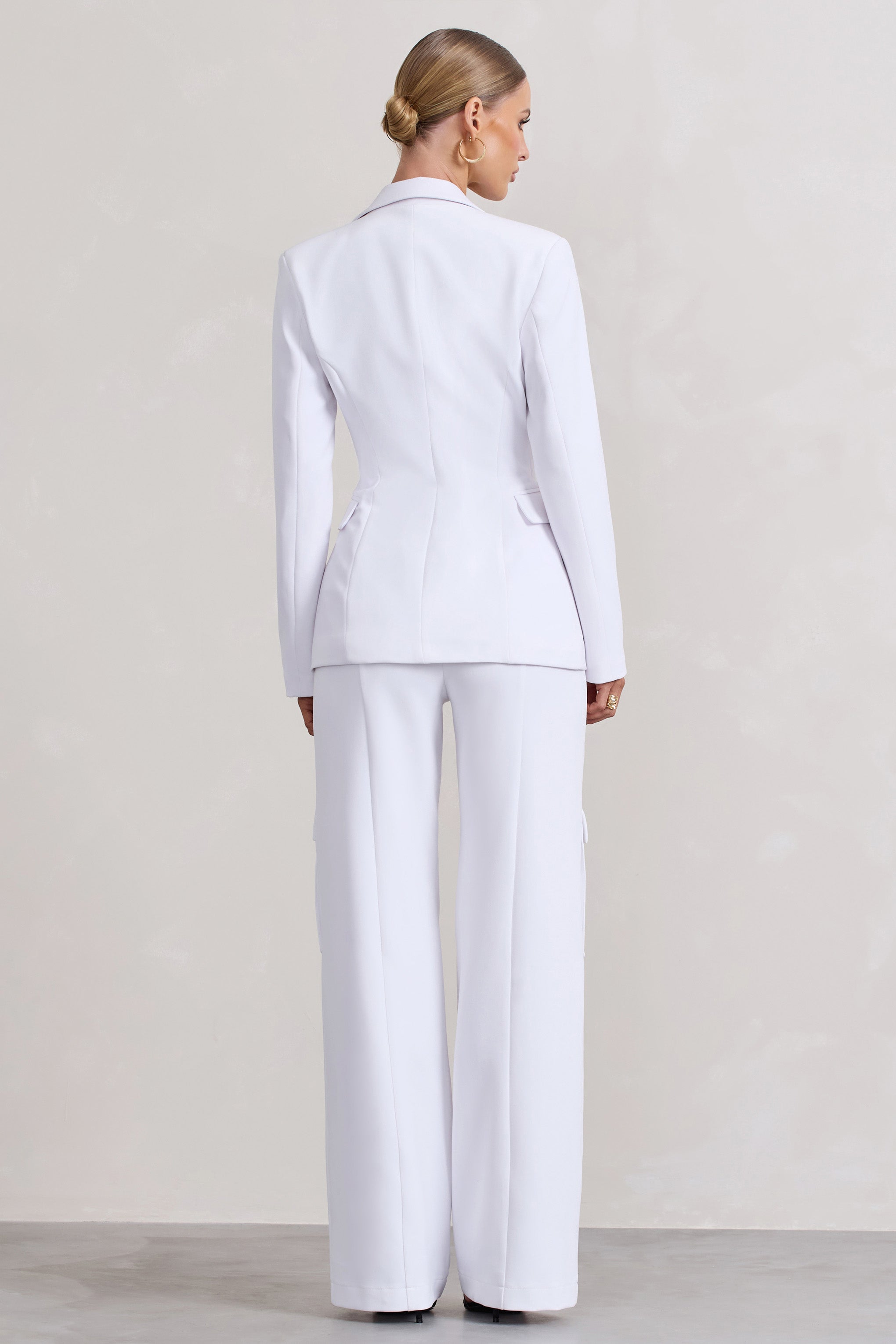 Close Up White Wide-Leg Cargo Trousers With Ankle Zips-Babyboo Dress Store. All Rights Reserved.