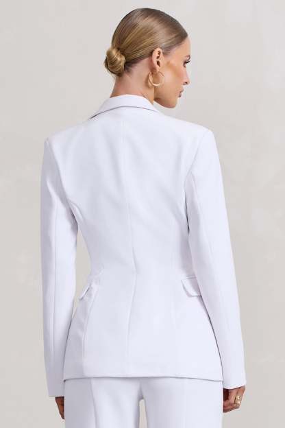 Candid  White Fitted Blazer Jacket With Zip Details-Babyboo Dress Store. All Rights Reserved.