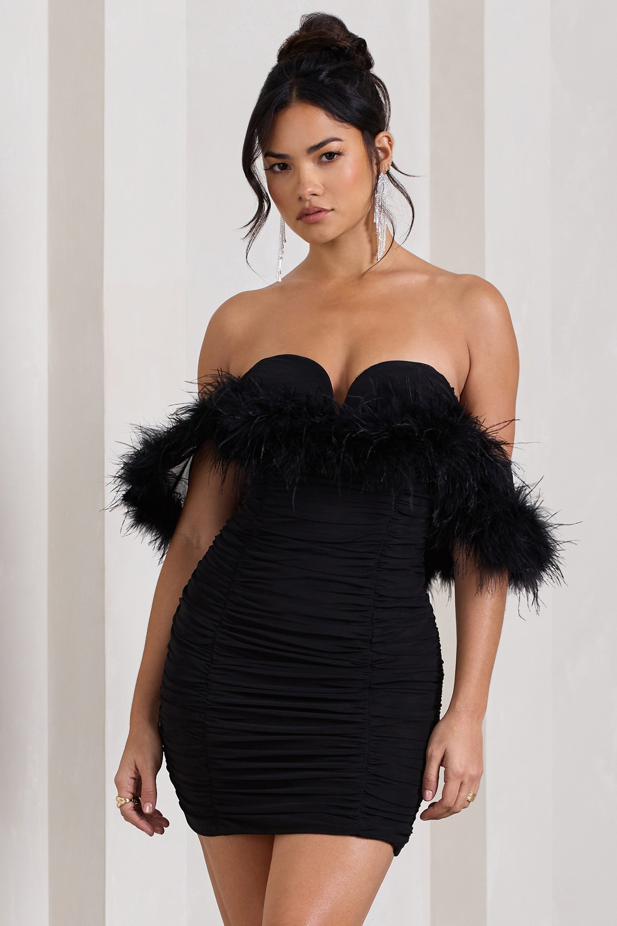 Confetti Black Sweetheart Mini Dress With Chiffon Feather Sleeves-Babyboo Dress Store. All Rights Reserved.