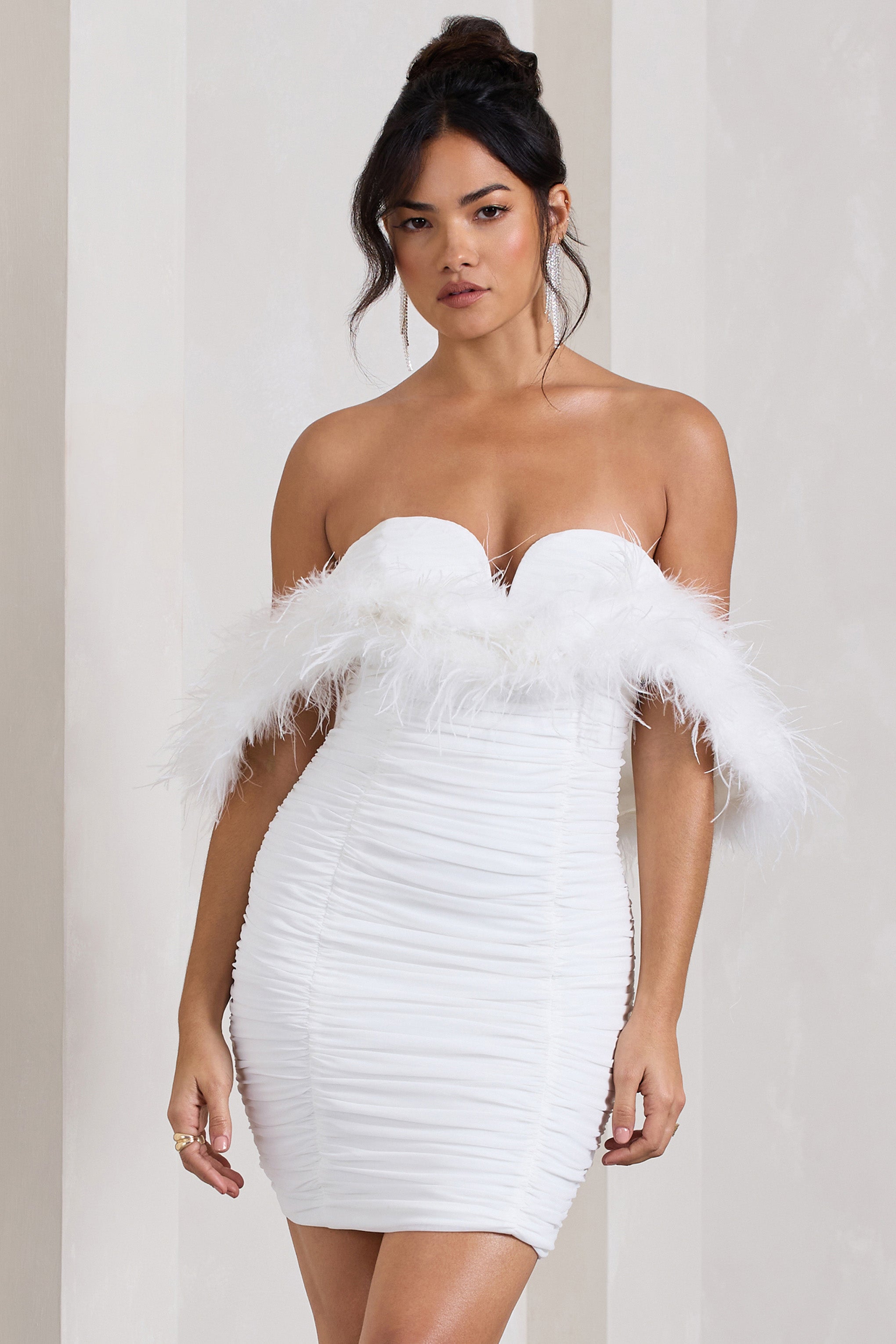 Confetti White Sweetheart Mini Dress With Chiffon Feather Sleeves-Babyboo Dress Store. All Rights Reserved.