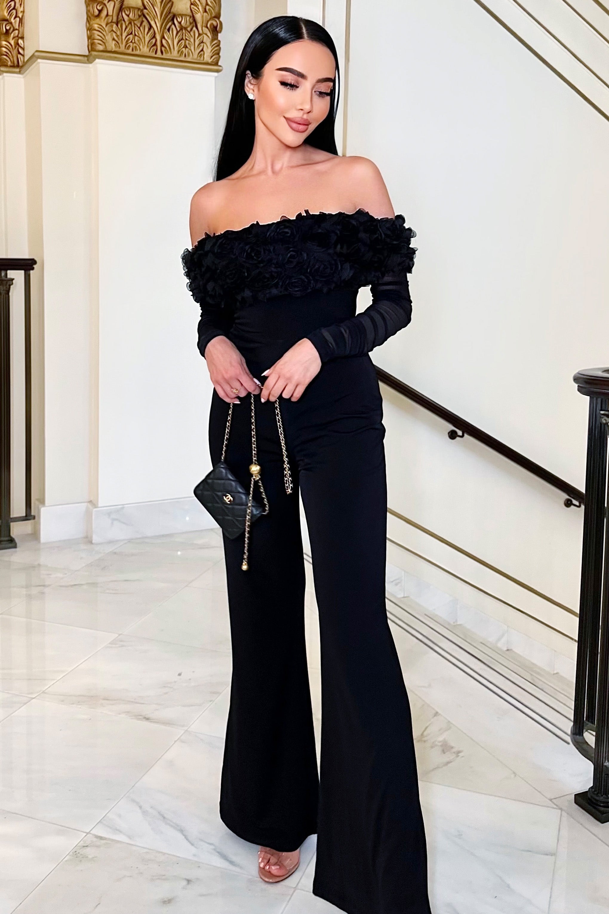 Celebrate Black Bardot Long-Sleeved Flared-Leg Jumpsuit With Flowers-Babyboo Dress Store. All Rights Reserved.