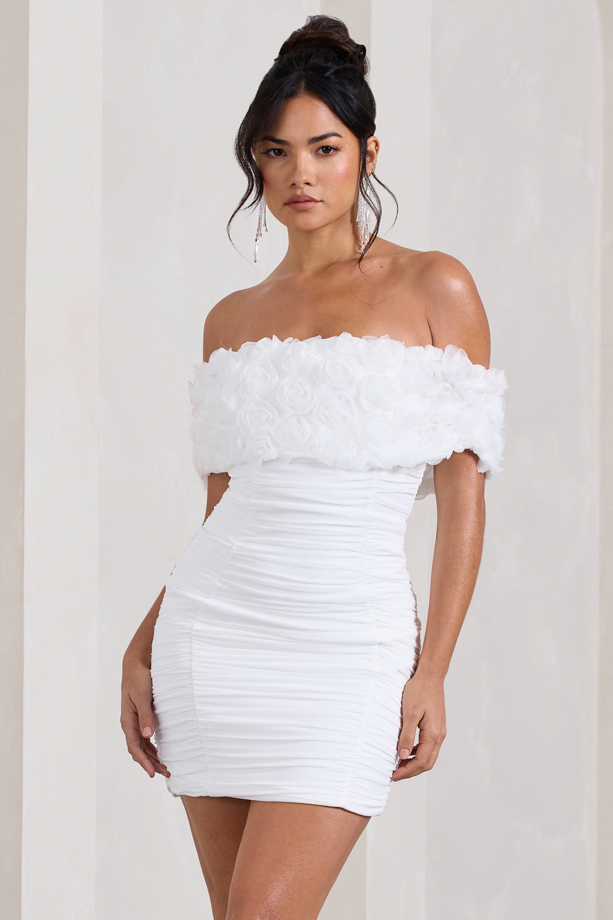 Pass A Glass White Ruched Bardot Micro Mini Dress With Flowers-Babyboo Dress Store. All Rights Reserved.