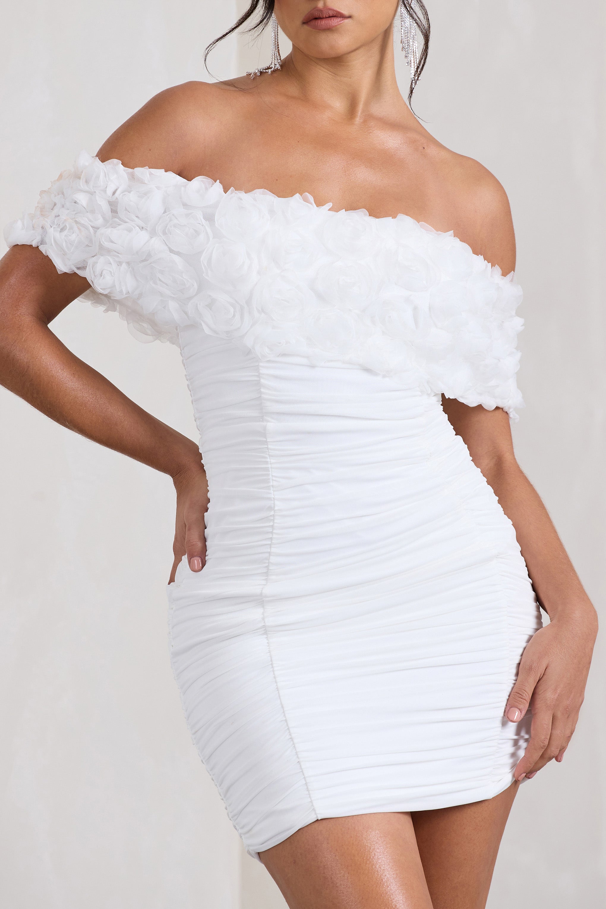 Pass A Glass White Ruched Bardot Micro Mini Dress With Flowers-Babyboo Dress Store. All Rights Reserved.