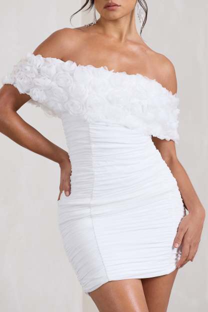 Pass A Glass White Ruched Bardot Micro Mini Dress With Flowers-Babyboo Dress Store. All Rights Reserved.