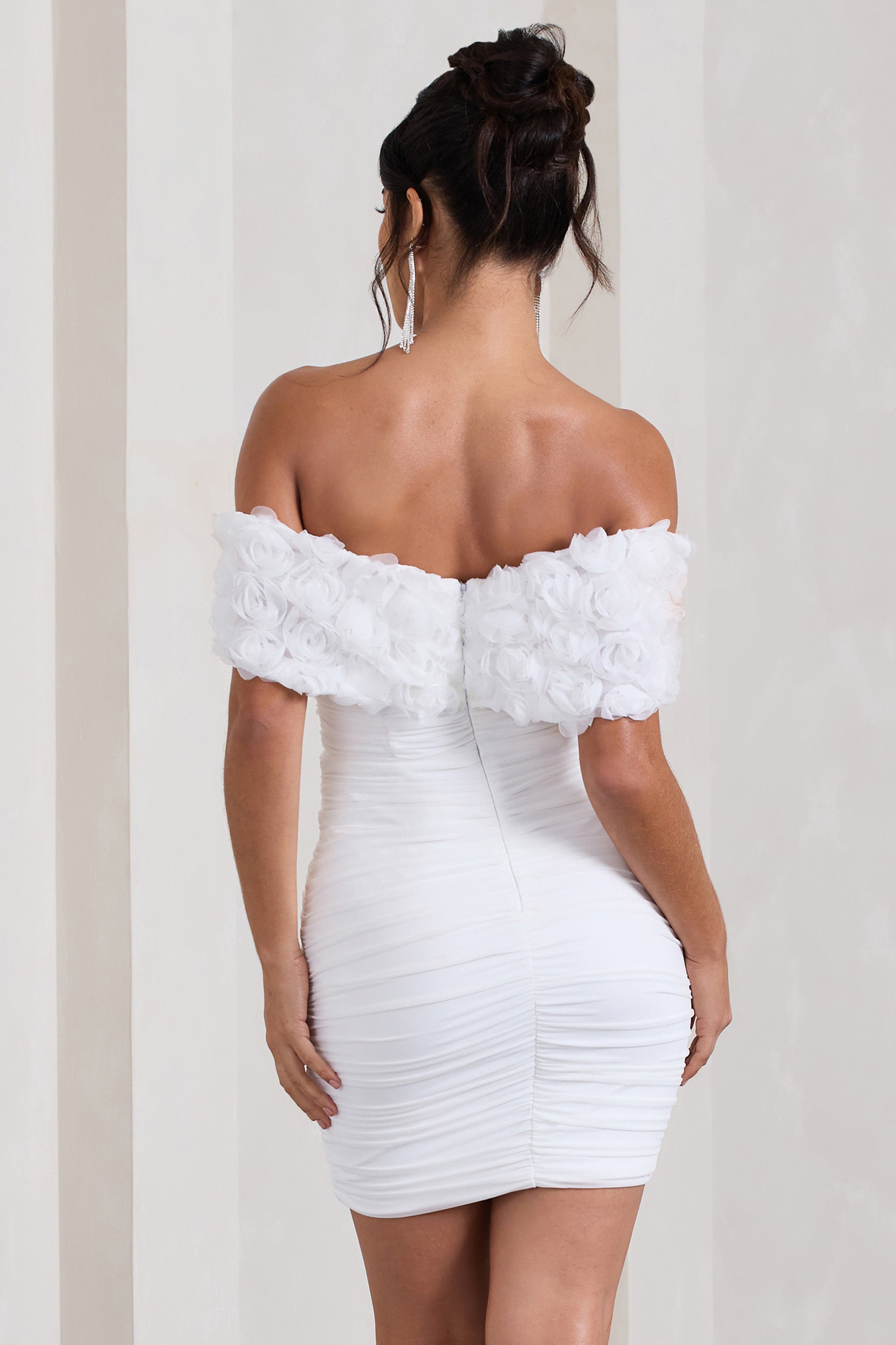 Pass A Glass White Ruched Bardot Micro Mini Dress With Flowers-Babyboo Dress Store. All Rights Reserved.