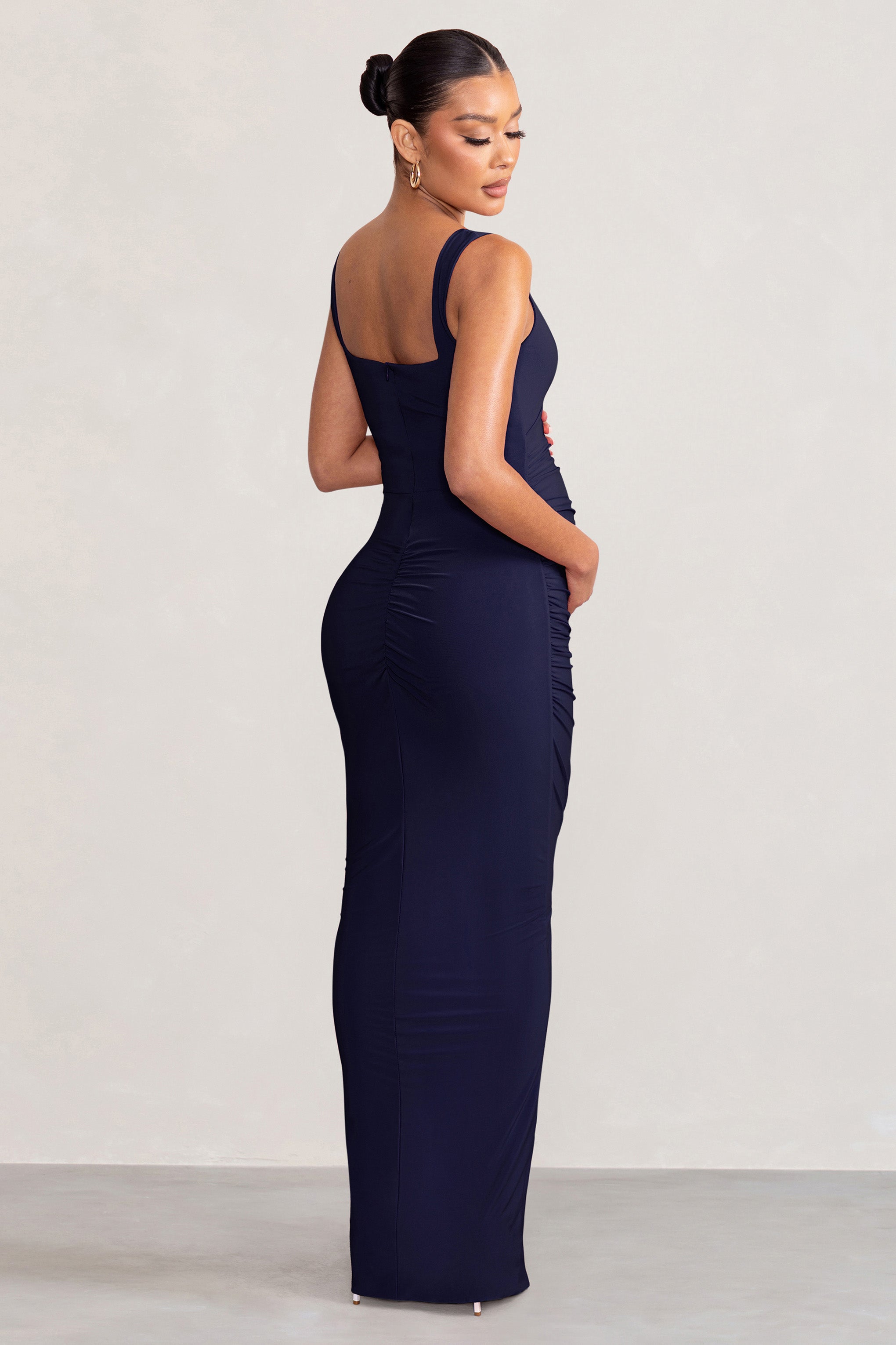 Avril Navy Square Neck Maternity Maxi Dress with Split