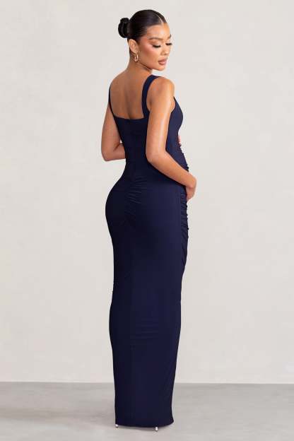 Avril Navy Square Neck Maternity Maxi Dress with Split