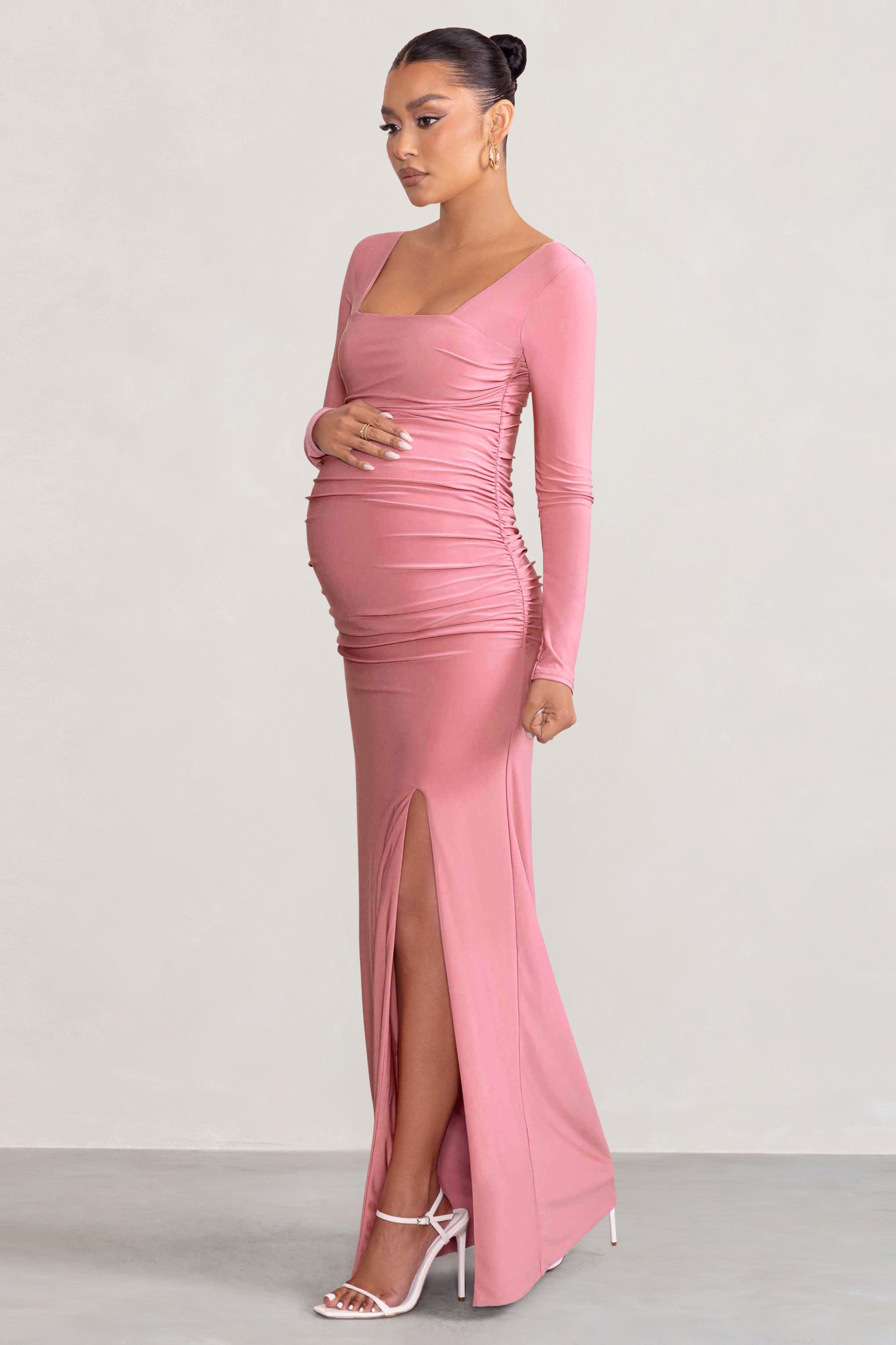 My Pleasure Blush Long Sleeve Square Neck Maternity Maxi Dress with Split-Babyboo Dress Store. All Rights Reserved.