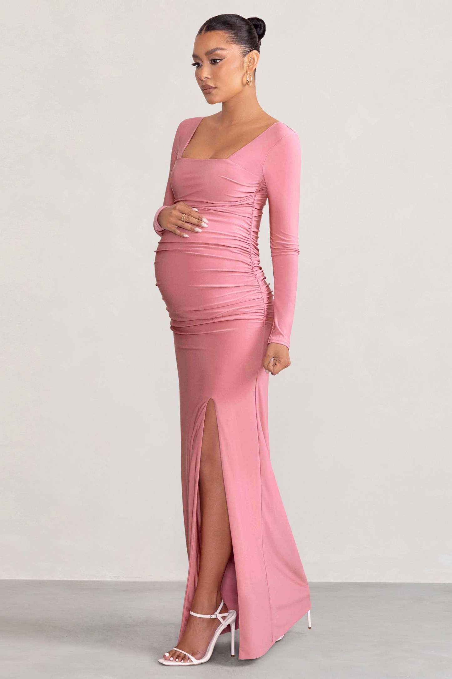 My Pleasure Blush Long Sleeve Square Neck Maternity Maxi Dress with Split-Babyboo Dress Store. All Rights Reserved.