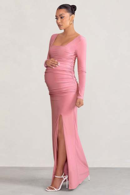 My Pleasure Blush Long Sleeve Square Neck Maternity Maxi Dress with Split-Babyboo Dress Store. All Rights Reserved.