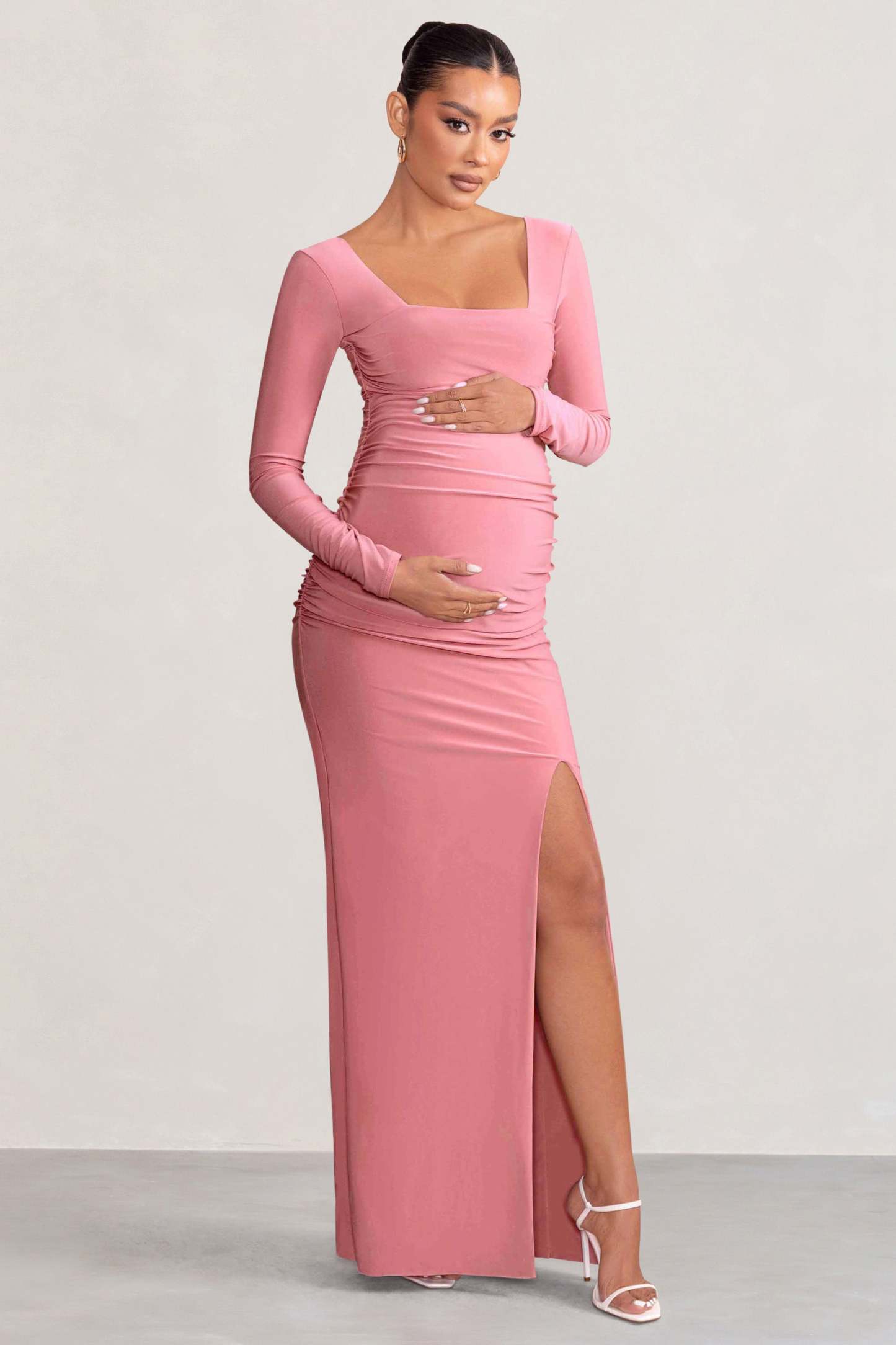 My Pleasure Blush Long Sleeve Square Neck Maternity Maxi Dress with Split-Babyboo Dress Store. All Rights Reserved.