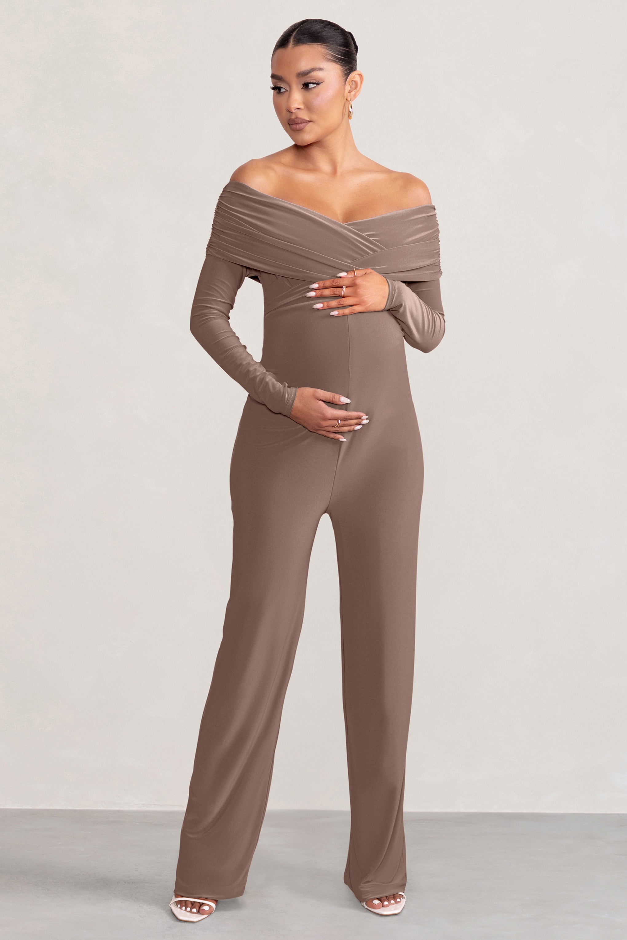 Nuala Mocha Bardot Maternity Jumpsuit with Long Sleeves-Babyboo Dress Store. All Rights Reserved.