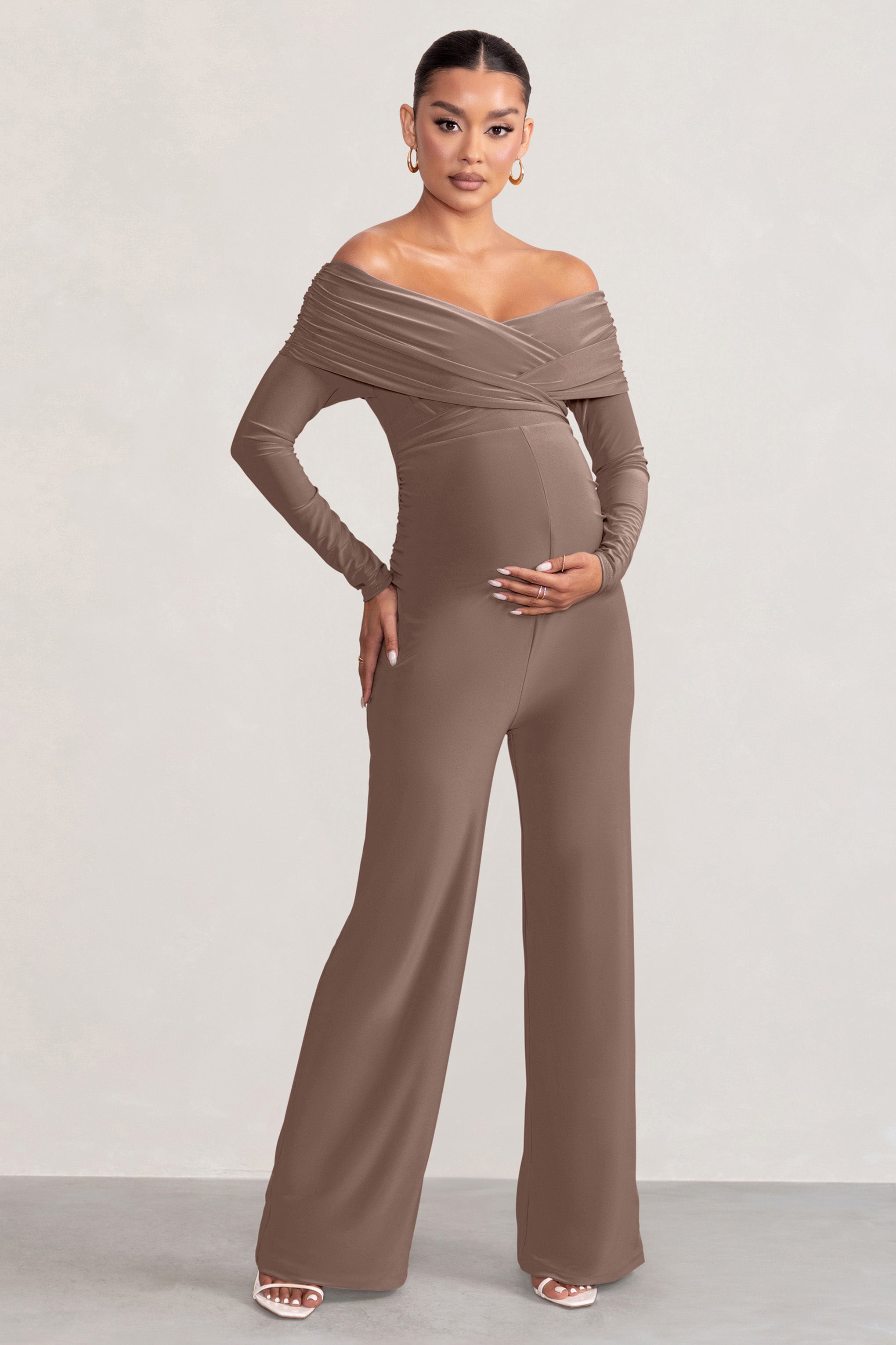 Nuala Mocha Bardot Maternity Jumpsuit with Long Sleeves-Babyboo Dress Store. All Rights Reserved.