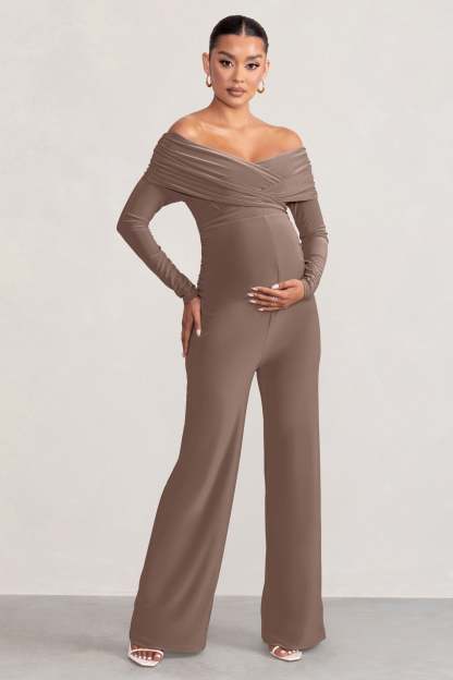 Nuala Mocha Bardot Maternity Jumpsuit with Long Sleeves-Babyboo Dress Store. All Rights Reserved.