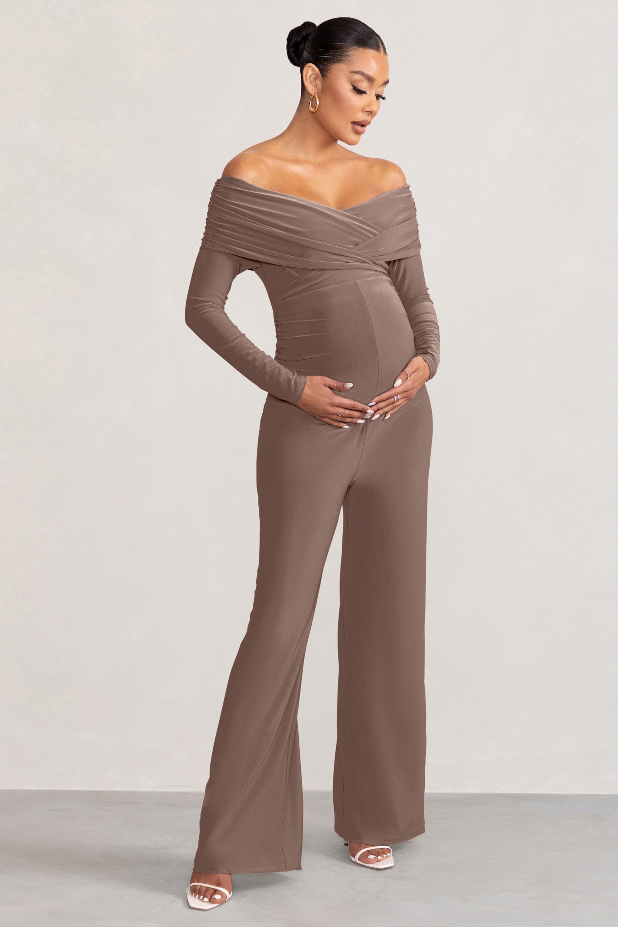 Nuala Mocha Bardot Maternity Jumpsuit with Long Sleeves-Babyboo Dress Store. All Rights Reserved.