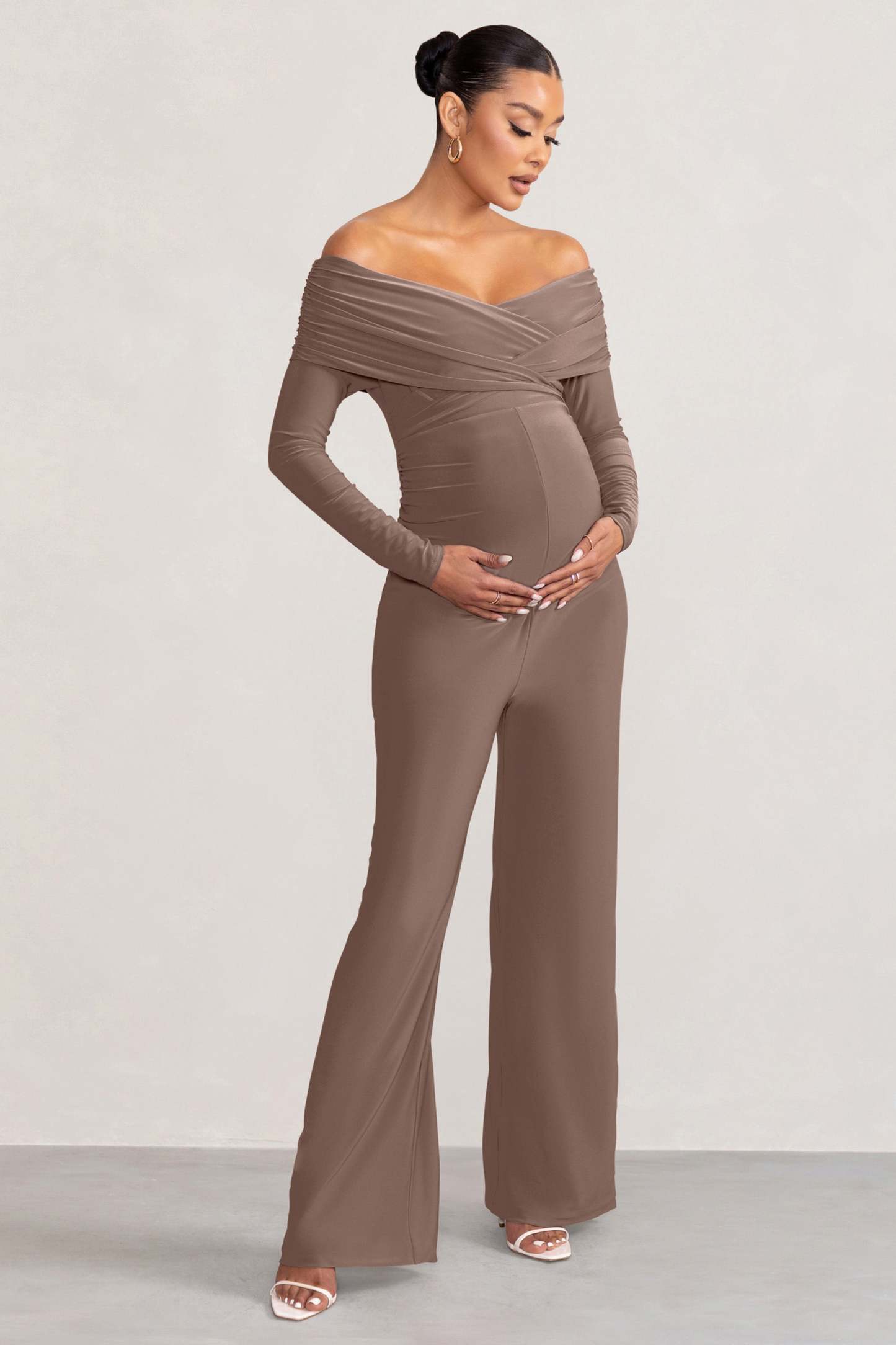 Nuala Mocha Bardot Maternity Jumpsuit with Long Sleeves-Babyboo Dress Store. All Rights Reserved.